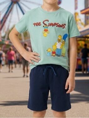 Boys Mint Green Simpsons Graphic Tee & Navy Shorts Matching Set